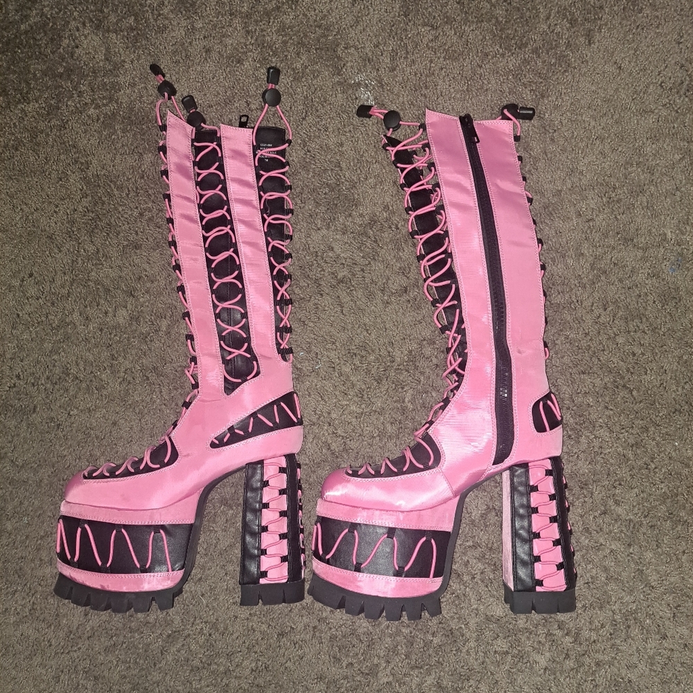 DOLLS KILL CLUB EXX Pink Platform Lace Up Rude Awakening Boots Size 7